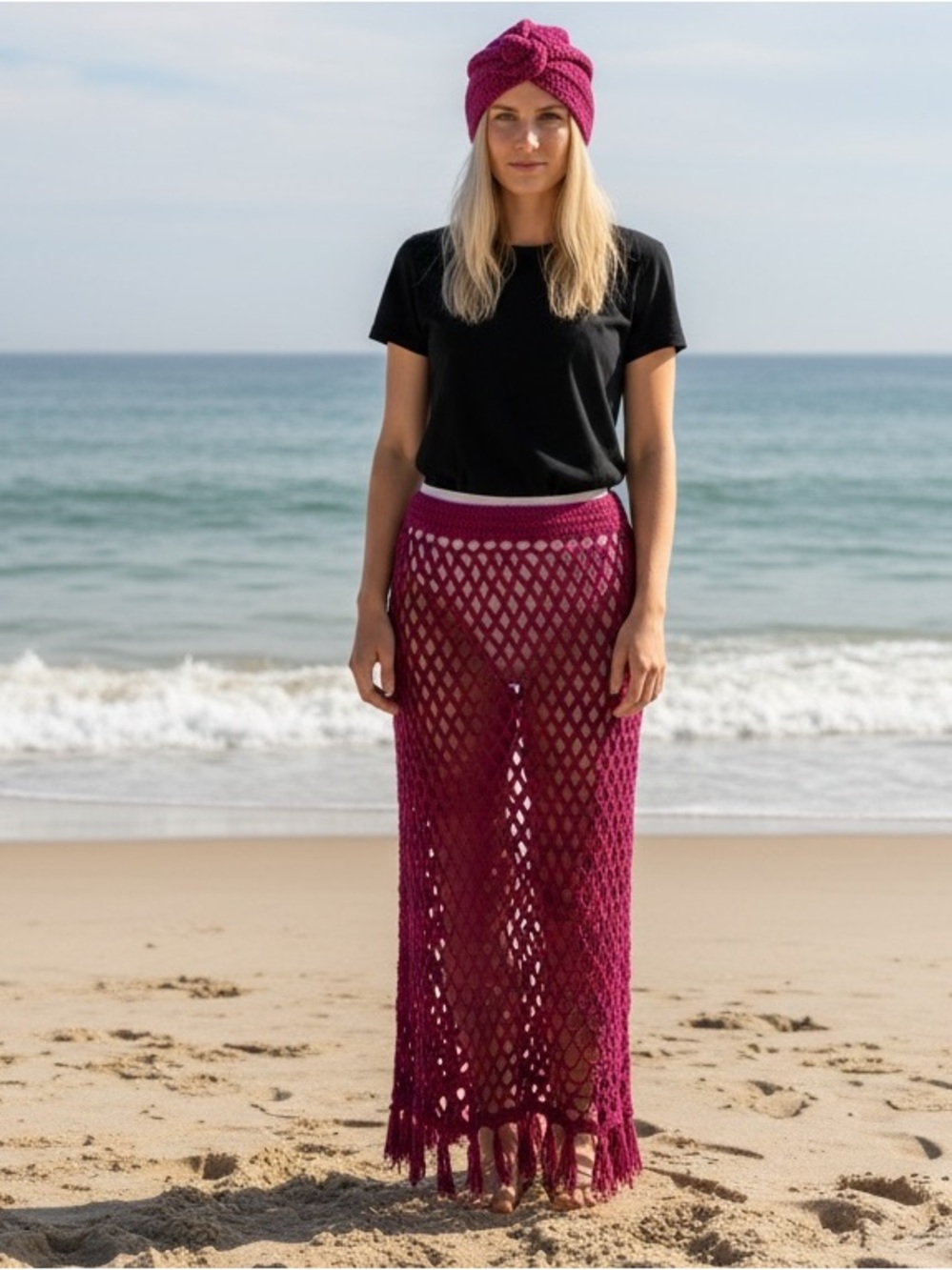 Handmade Crochet Skirt women sz medium Hat Set Fuchsia Pink Boho Festival beach